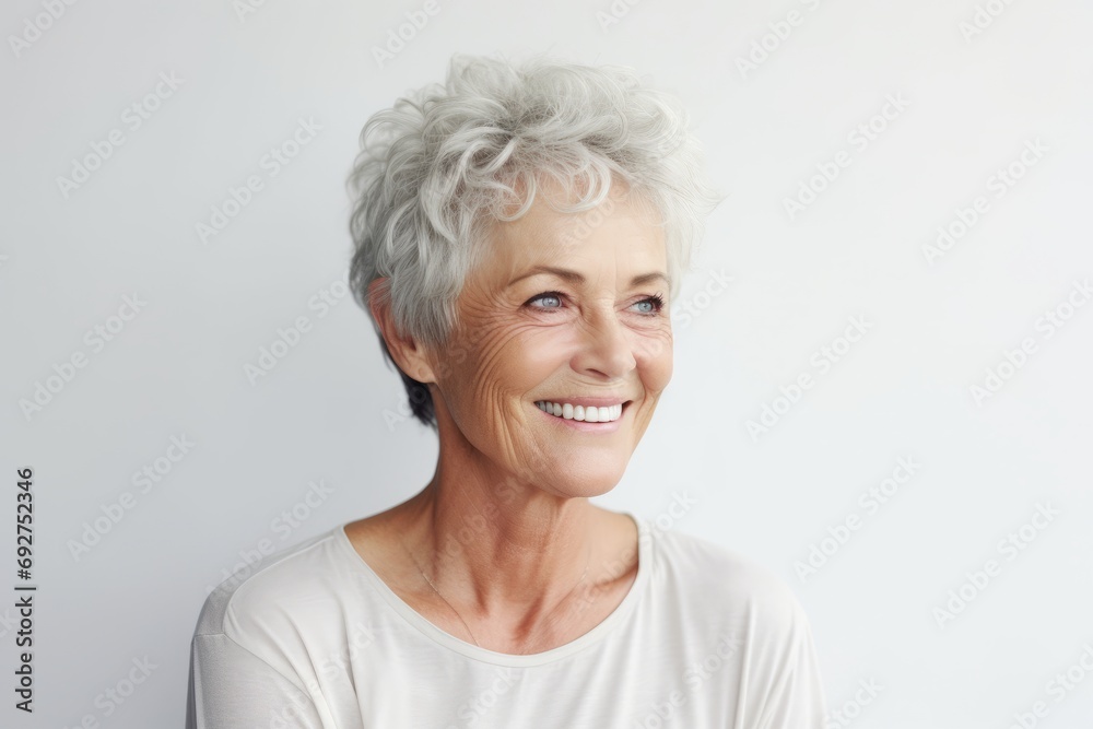 Portrait of a happy senior woman looking at camera over grey background Portrait of a happy senior woman looking at camera over grey background