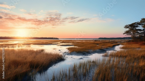Tela estuary salt marsh landscape illustration coastal tidal, flora ecosystem, habita
