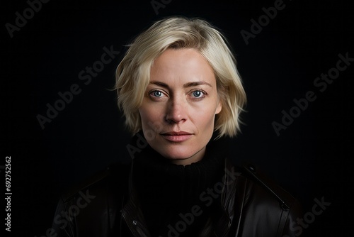 Portrait of a beautiful blonde woman in a black jacket on a black background
