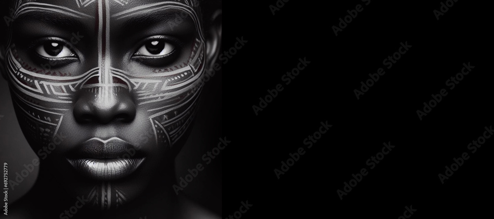 Double exposure of African man with traditional style face paint dissolving behind black ink painting of three eyes.