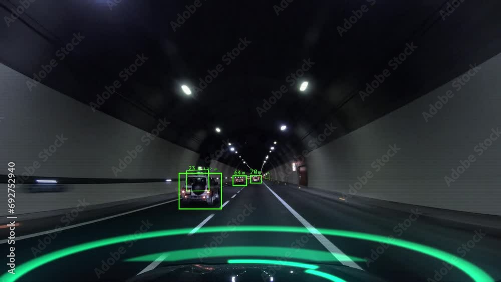 Smart self-driving car, controlled by AI, moves through an underground tunnel. Visualization of the driverless autonomous vehicle control system. Road analysis, environment scanning, HUD-elements, 4k.