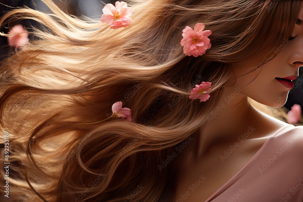 flower texture hair shiny healthy Beautiful extension coiffure natural shampoo spa care treatment concept cosmetic colouring salon background beauty brown brunette closeup curl curly fashion female - obrazy, fototapety, plakaty 
