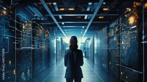 Businesswoman holding tablet in cloud storage facility, server room, SAAS, tech, computers, online services photo