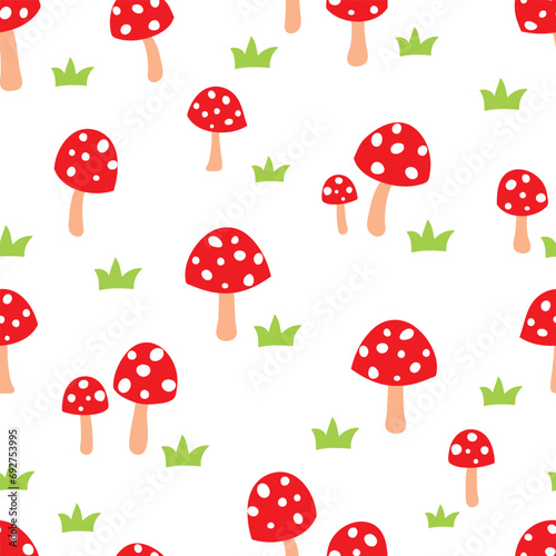 Seamless pattern with cute mushrooms. Vector illustration on white background. It can be used for wallpapers, wrappers, cards, patterns for clothes and others.