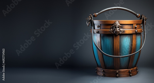 Artisan Elegance: Ornate Wooden Bucket with Metal Accents
