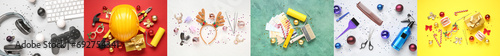 Set of supplies of different professions and Christmas decorations on color background photo