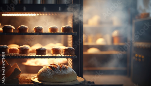 Bakery in the morning, hot fresh bread and pastry baking in the old town bakery, freshly baked products on shelves and the oven, small local business and food production. Generative Ai photo