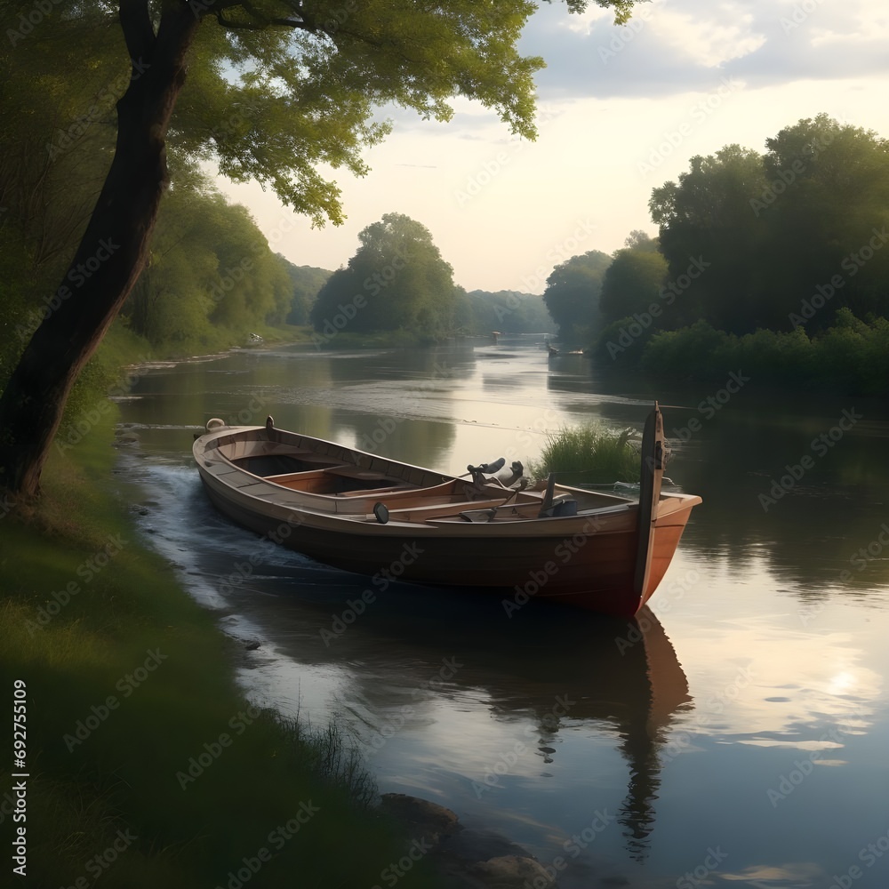 Beautiful nature and boat floating on the river