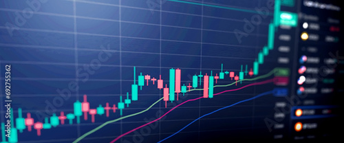 On a blue color monitor background, a closeup financial chart with an uptrend line candlestick graph is displayed in the stock market