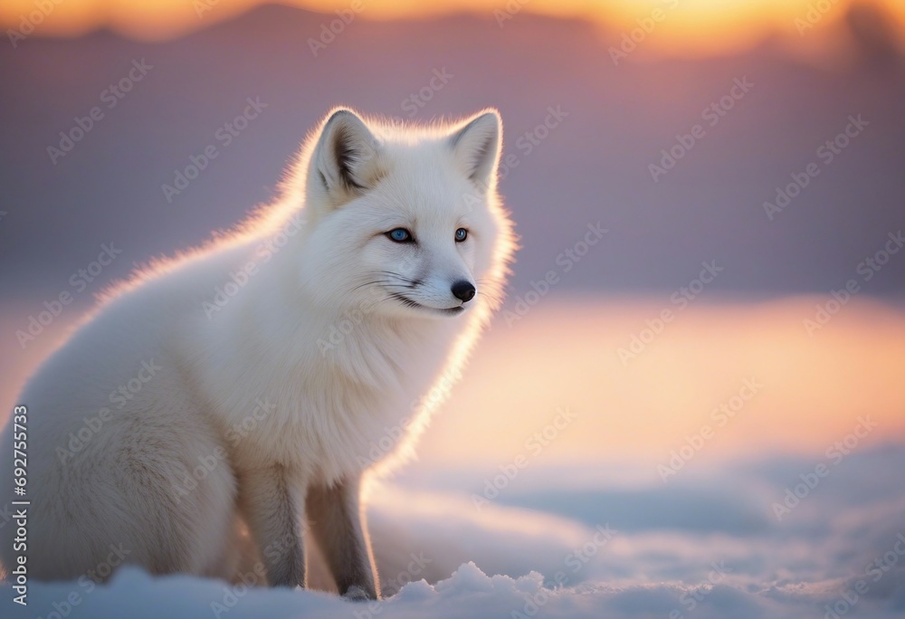 Artic fox sitting in arctic sunset snow falling young Artic fox resting on an ice
