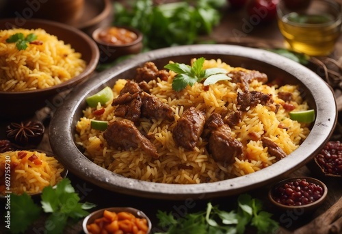 Biryani flavorful rice dish made with spiced chicken meat lamb beef vegetables and aromatic spices 