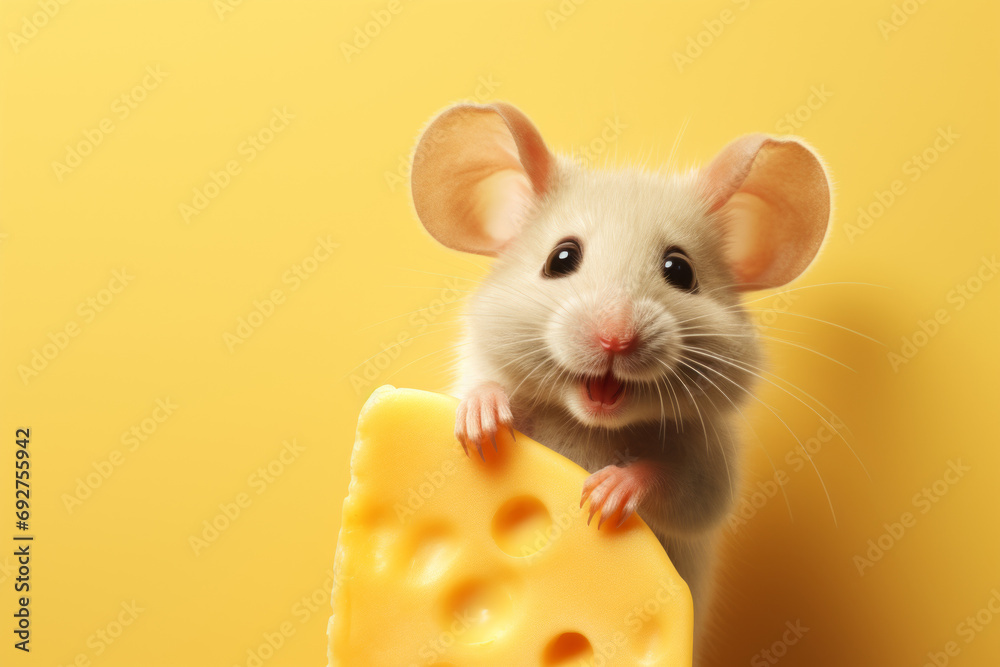 mouse hugging a piece of cheese. 