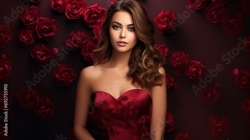 Young beautiful slender Sexy woman in a fashionable red dress .Woman posing on a red background. Advertising of fashionable womens clothing. Luxury Fashion Girl . AI.