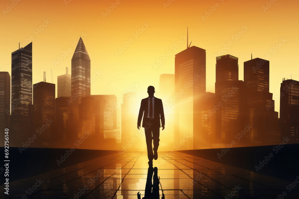 Silhouette of business man over city. Leadership concept