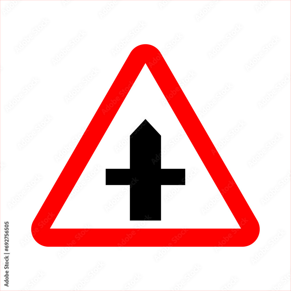 Fototapeta premium Caution crossing with secondary road. Warning sign. Intersection sign with secondary road. Road sign in triangle isolated on white