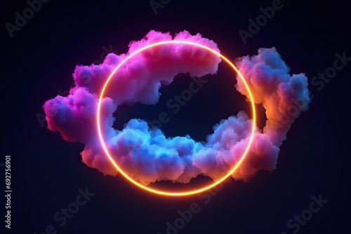 frame shape geometric Glowing sky night dark ring light neon illuminated cloud abstract render 3d three-dimensional cumulus background ultraviolet round air line weather copy space smoke fume pink