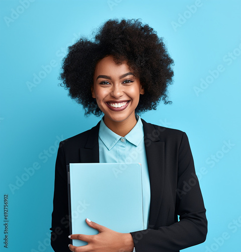 Smiling Black executive businesswoman holding a folder on a blue background, business success 
