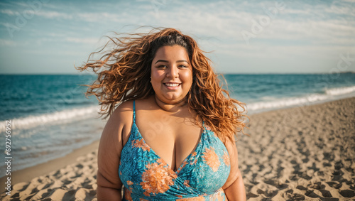 portrait of a cheerful big girl in a swimsuit against the background of the sea