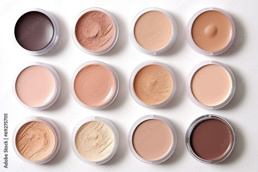 Skin correction makeup products in pots isolated on white background. Foundation, concealer, powder arrange in jars. Samples of eyeshadow, face powder. Beauty, fashion concept. - obrazy, fototapety, plakaty 