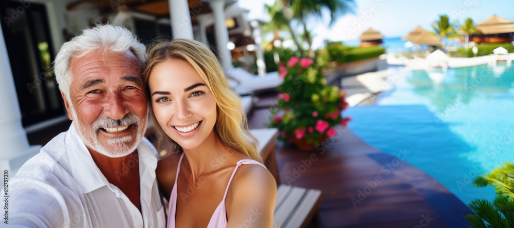 Happy Old wealthy rich man posing with his gorgeous young girlfriend at a luxurious tropical resort taking a selfie looking at the camera - obrazy, fototapety, plakaty 