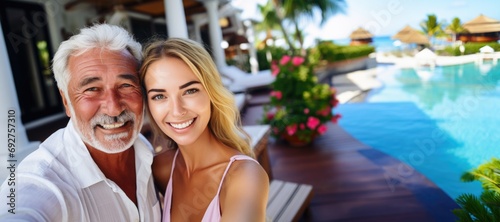 Happy Old wealthy rich man posing with his gorgeous young girlfriend at a luxurious tropical resort taking a selfie looking at the camera