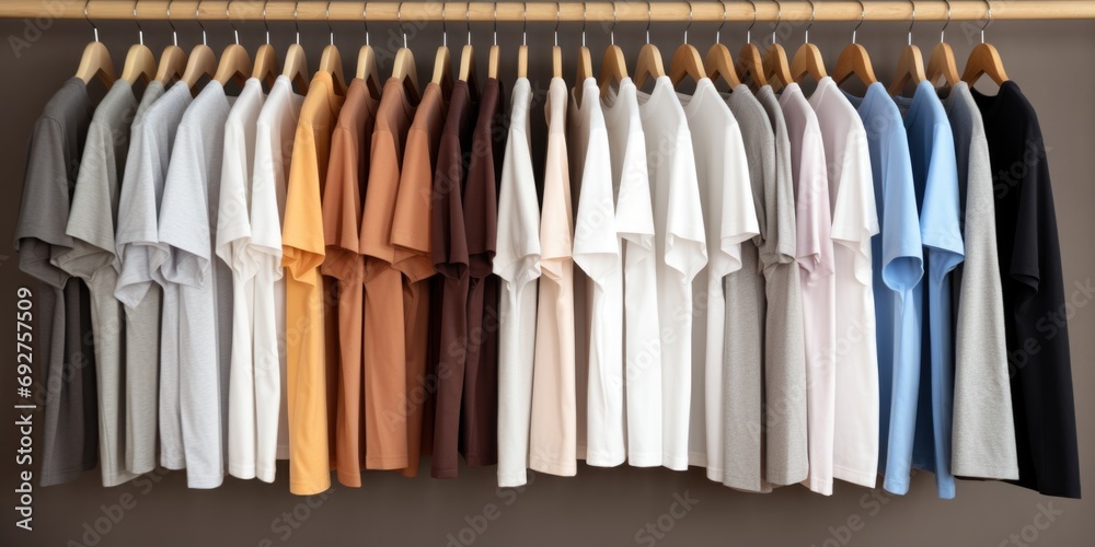A row of shirts hanging on a clothes rack.