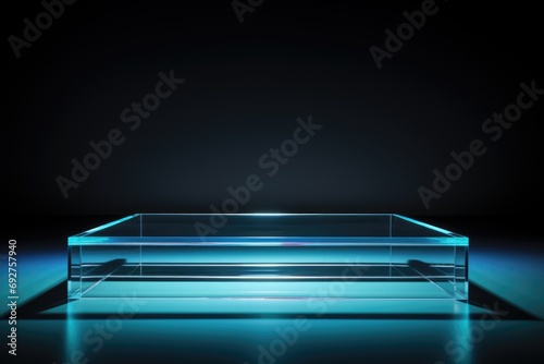 A glass box with a light on top of it. Transparent glass podium, copy-space. © tilialucida