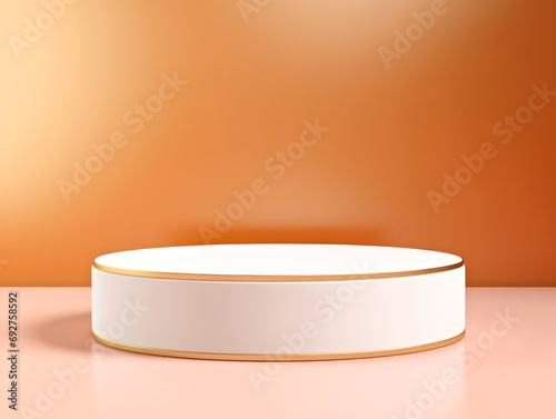 An empty white pedestal on a pink surface. Monochrome peach fuzz background. © tilialucida