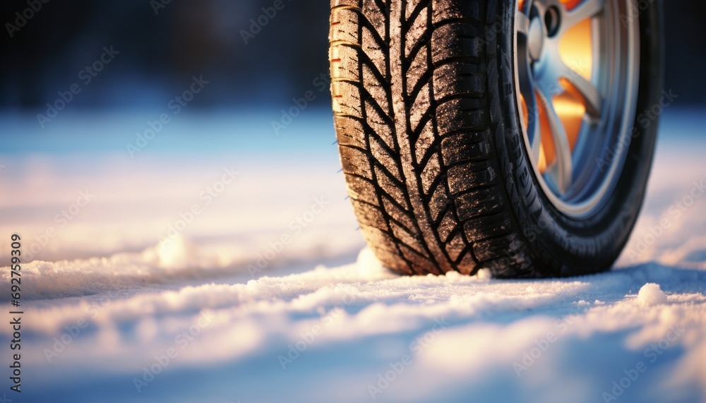Close up view of winter car tires on snow covered road during cold and snowy weather conditions