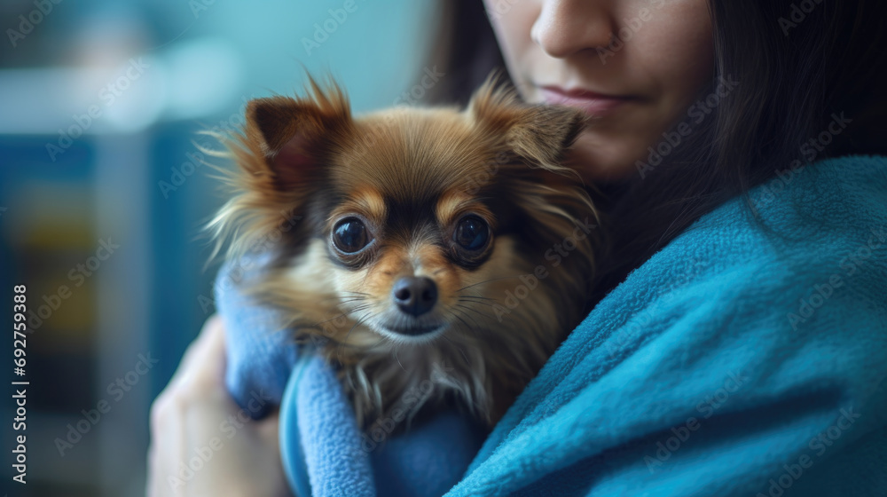 A woman holding a small dog wrapped in a towel. An owner with ill pet in a vet clinics. A woman holding a small dog wrapped in a towel. An owner with ill pet in a vet clinics.