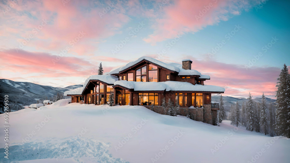 Dreamy Luxury House in Aspen Colorado with stunning sunset view.Visualized from real photo. - obrazy, fototapety, plakaty 