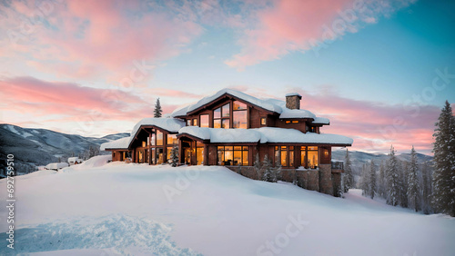 Dreamy Luxury House in Aspen Colorado with stunning sunset view.Visualized from real photo. photo