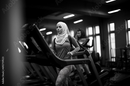 A Muslim woman is doing fitness in a fitness center. Gym. Healthy lifestyle. Muslim athlete. Generative AI