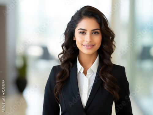 A woman in a business suit posing for a picture.