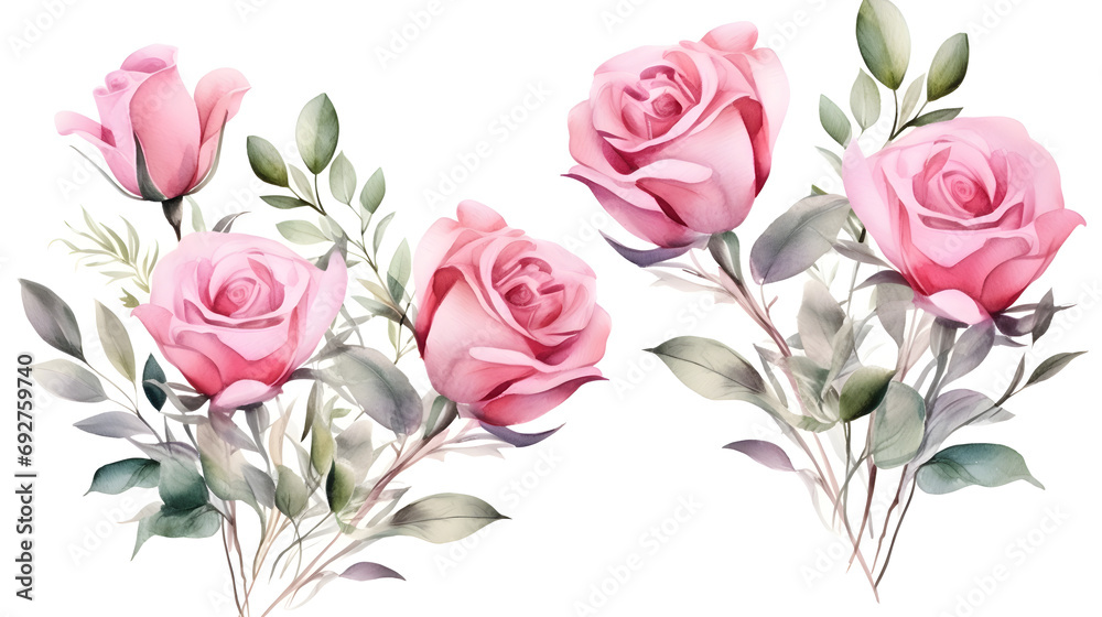Watercolor illustration of pink roses, blush and mint floral bouquet set isolated on a white background,