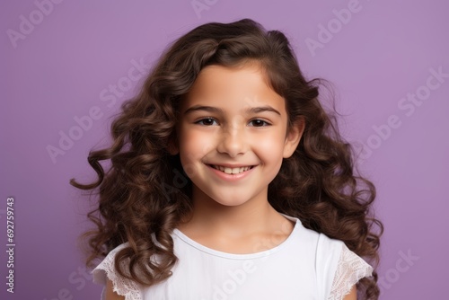 beauty  people and health concept - smiling little girl with long curly hair over violet background