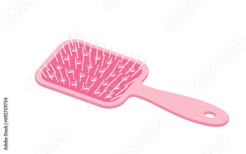 Pink brush for detangling and combing hair vector illustration. Cartoon isolated hairbrush with vented plastic teeth for grooming and smoothing strands, accessory for hairstyle at home or in salon