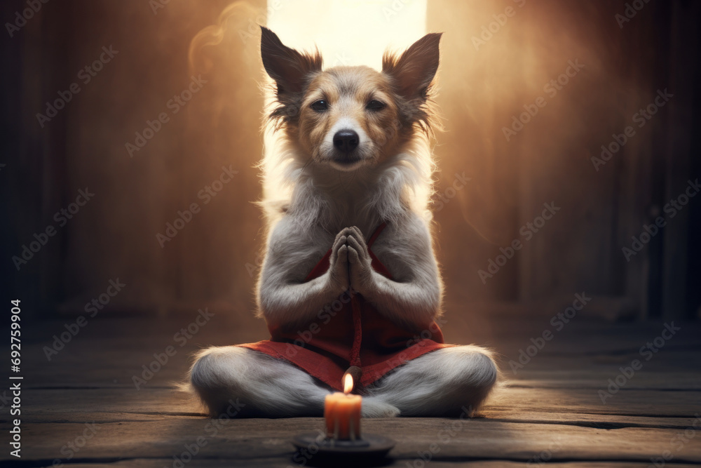 Old sage dog in monk attire in meditation pose in temple. A doggy guru meditates, achieving nirvana. Suitable for spiritual or humorous content. - obrazy, fototapety, plakaty 