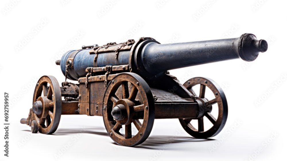 Old artillery cannon on wooden wheels on white background. Antique medieval weapon that shoots cannonballs. Mortar bombard. Vintage weapons for war. Ideal for historical or military themed projects