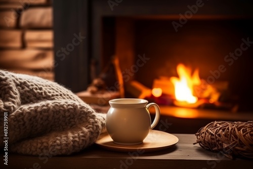 Tray with cup of hot drink tea coffee beverage fireplace at home inside warmth atmosphere cozy comfortable interior relaxation evening rest apartment satisfaction house lounge enjoyment soft blanket