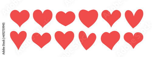 Red hearts icons set.Set of 12 hearts of different shapes for web. Heart icon collection on white background.Vector illustration. photo