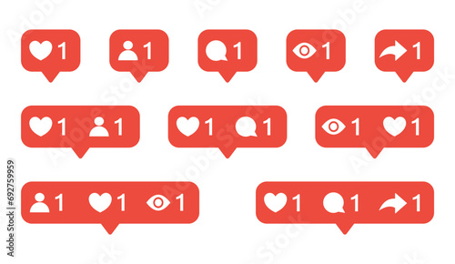 Heart like, new message bubble, friend request quantity number notifications icons templates,follower repost vector.Social network app icons vector.Social network signs on white backround.Stock vector