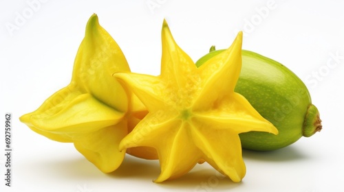 Carambola fruit on white background. Exotic yellow of carambola tree. Sweet healthy vegetarian dessert. Close up. Ideal for use in the food and drink industry, for tropical fruit presentations. photo