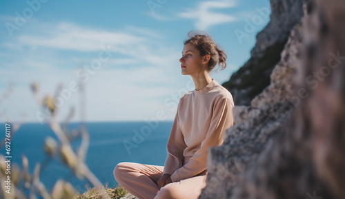Woman Yoga Meditating on a Cliff near the Blue Sea Photo Relax under Calm Sky