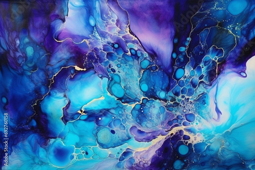 A celestial-inspired alcohol ink painting with a fusion of cosmic bluespurplesand iridescent silverevoking the enchanting beauty of the universe.