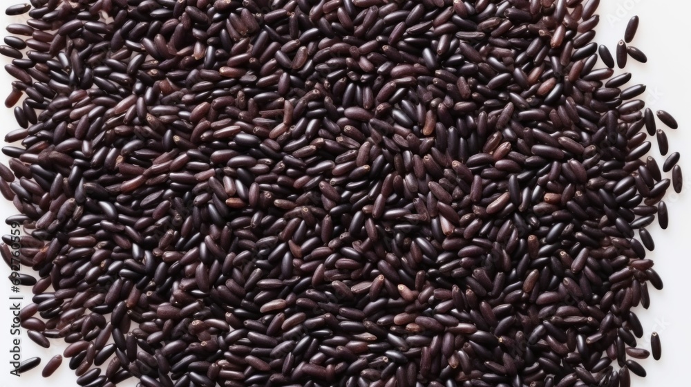 Close up of black rice grains scattered on white background, top view. Wild rice texture. Suitable for food and nutrition related content. Ideal for use in culinary and health-related designs.