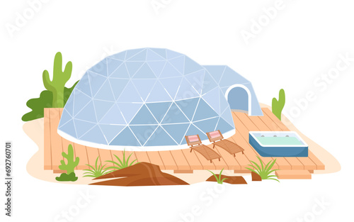 Bubble glass house for ecotourism, glamping vector illustration. Cartoon isolated nature scene with modern resort construction of round shape, wooden terrace with chairs for sunbathing, swimming pool