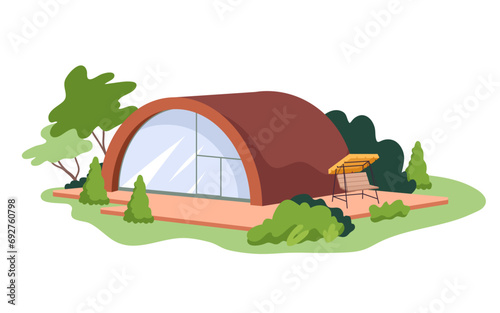 Luxury bubble house for ecotourism, glamping vector illustration. Cartoon isolated summer forest landscape scene with cabin of round shape and panoramic windows, wooden terrace with hanging sofa