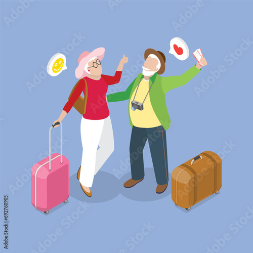 3D Isometric Flat Vector Illustration of Old People Travelers , Happy Retirement and Planning Vacations