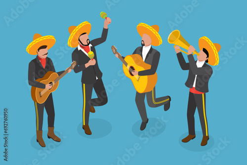 3D Isometric Flat Vector Illustration of Mariachi, Mexican Musicians Band